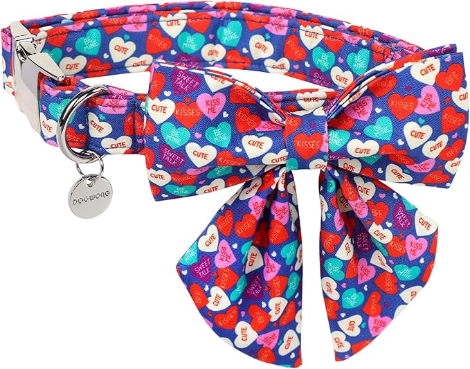 DOGWONG Valentine's Dog Collar with Saolor Bowtie, Blue Heart Bowtie Dog Collar, Adjustable Durable Pink Heart Dog Collar Cute Dog Collar for Small Medium Dogs