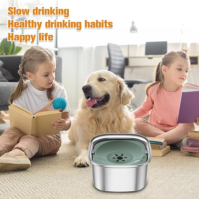 Decflow 3L Stainless Steel Slow Drinking Dog Bowl with Lid, No Spill Travel Dog Water Bowl Dispenser for Large Dogs