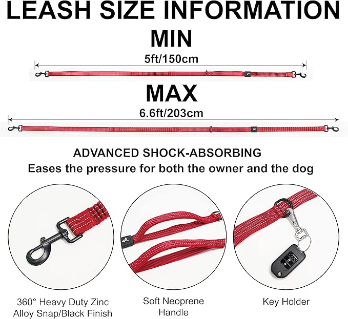 Kruz Hands Free Dog Leash (Waist 26”- 48”, Leash- 1”x 5ft) Premium Waist Belt for Walking, Running & Hike Bungee with Dual Handles, Adjustable Fit, Reflective Safety Design for Large Dogs (Turquoise)
