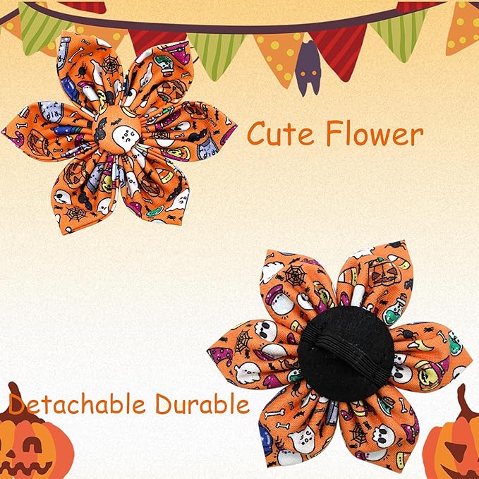Elegant Little Tail Halloween Collar, Orange Pumpkin Dog Collar with Flower Girl Boy Pet Collar, Soft Durable for X-Large Dogs