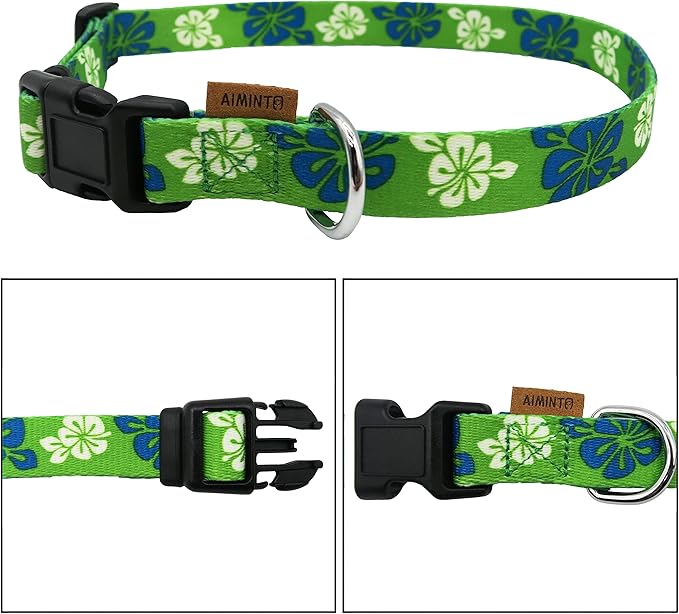 Dog Collar, Cute Floral Pattern, Soft and Adjustable Collar with Quick Release Buckle (M (Neck 14-24", Width 3/4"), Hawaiian Green)
