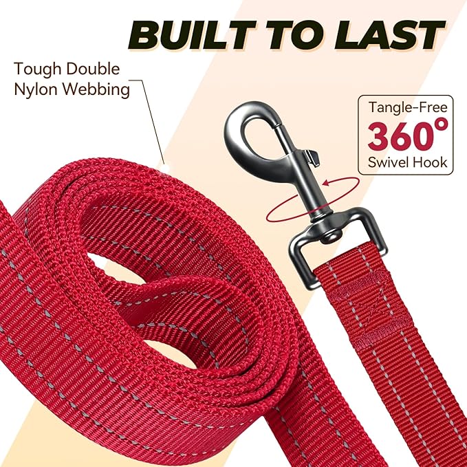 VIVAGLORY Twingrip Dog Leash, Double Handle Dog Leash for Training & Walking with Traffic Handle & 2 Loop, Traffic Control Reflective Heavy Duty for Puppy Pet, 4ft x 1in, Red