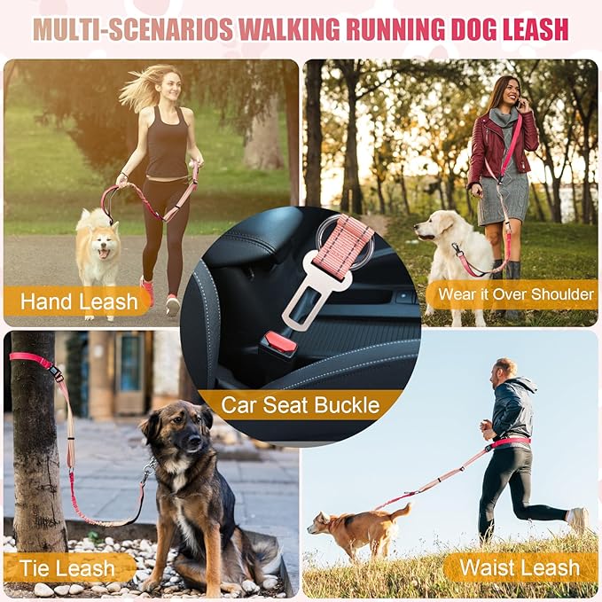 Heavy Duty Hands Free Dog Leash, 4-6 FT Reflective Adjustable Waist Dog Leash Belt with Padded Handles, Shock Absorbing Bungee and Car Seat Belt for Large Medium Dogs (Gradient Rose, L)