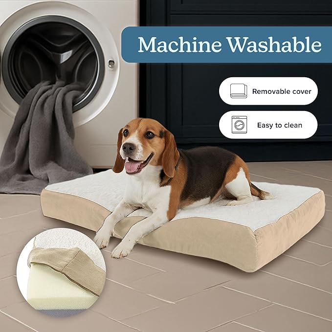 Orthopedic Dog Bed - 2-Layer Memory Foam Crate Mat with Machine Washable Sherpa Cover - 30x20.5 Pet Bed for Medium Dogs Up to 45lbs by PETMAKER (Tan)