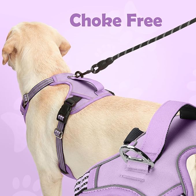 Funfox Dog Harness No Pull, Adjustable Pet Vest Harness, Super Soft Material with Vertical Handle Easy Control, Reflective Night Walking, 2 Leash Clips for Large Dogs, Purple, L