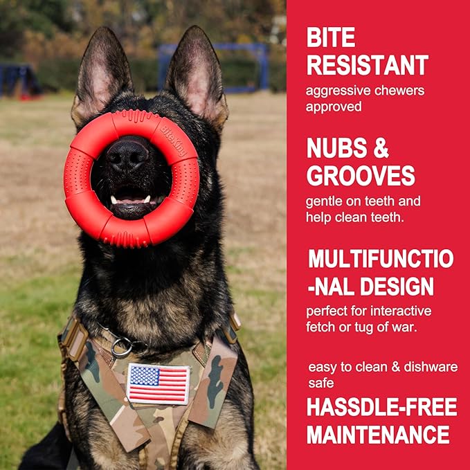 Natural Rubber Dog Ring Toy for Large Aggressive Chewers - Lifetime Replacement - Indestructible Tug Fetch Toy for Large Breed - Durable Tough Dog Chew Toy for Super Chewer, Red
