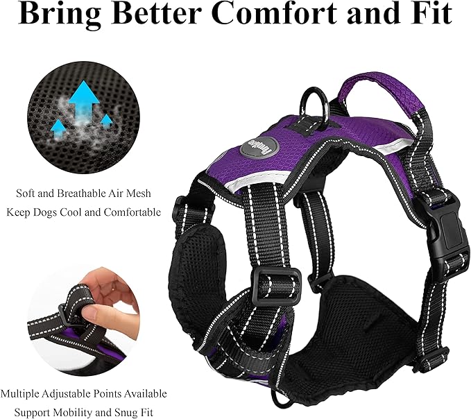 No Pull Dog Harness, Reflective Walking Dog Harness with Easy Control Handle and Front & Back Clips,Adjustable Breathable Soft Padded Dog Vest Harness for Large Medium Small Dogs,Purple,L