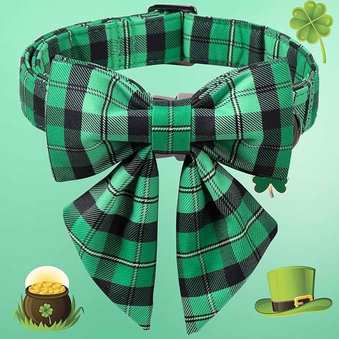 DOGWONG St. Patrick's Day Dog Collar with Sailor Bowtie, Green Plaid Bowtie Dog Collar for Small Medium Large Dogs,XS