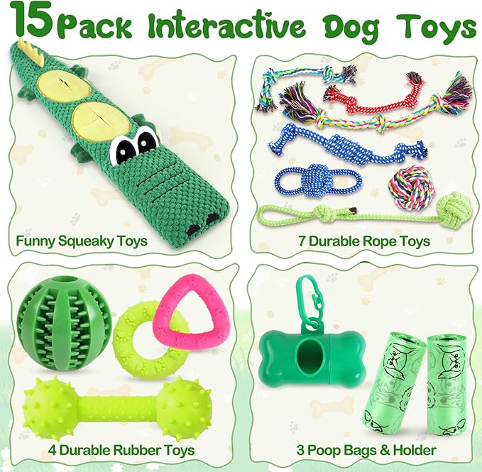 15 Pack Puppy Chew Toys for Teething, No Stuffing Squeaky Dog Toys Interactive Puzzle Toy, Dog Enrichment Toy Bundle with Tough Ropes, Treat Balls for Small Medium Large Dog to Keep Them Busy