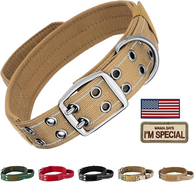 Annchwool Tactical Dog Collar for Medium and Large Dog,Adjustable Military Dog Collar with Soft Padded Handle,Heavy Duty Double Buckle Design(Brown,M)