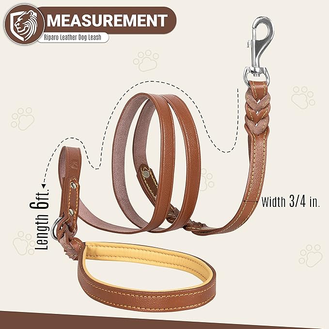 Riparo Leather Dog Leash 6ft with 2 Handles Padded Traffic Handle for Extra Control, Leather Dog Leashes for Large Breed Dogs Training Walking Heavy Duty Leashes for Dogs (Brown, L: 3/4" x6ft)
