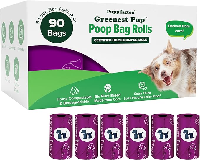 Puppington Certified Home Compostable Poop Bags - ASTM D6400 Compliant - 90 Extra Thick Bags - Plant Based - Pairs with Puppington 3-in-1 Bag & Fits all Standard Poop Bag Dispensers (Plum Wine)