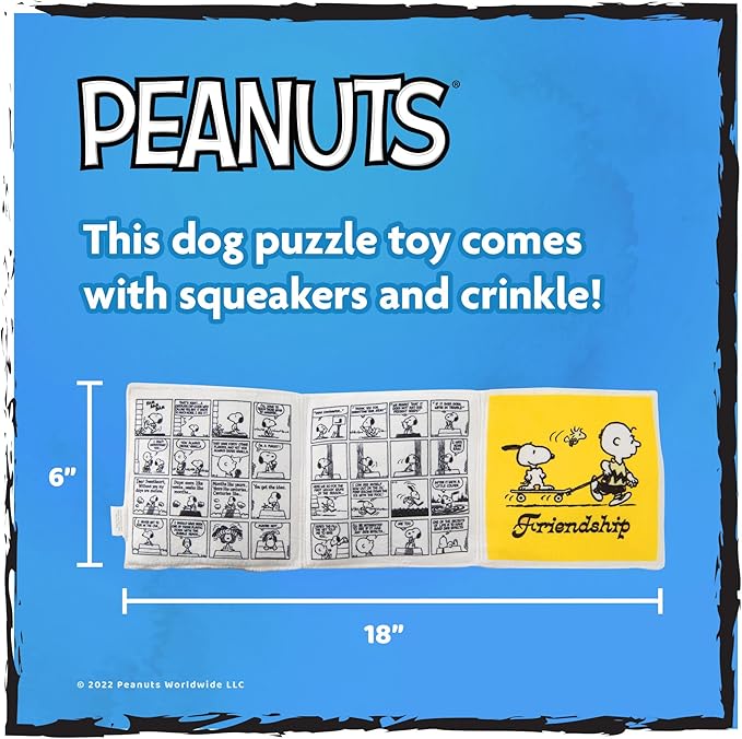Peanuts for Pets Interactive Crinkle Friendship Comic Book Toy with Squeakers and Treat Pockets for Mental Stimulation, Snuffle Mat Dog Toy, 6x6” to 18”