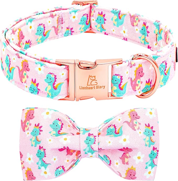 Lionheart glory Dog Bow Collar Dinosaurs Pattern Cute Collars for Large Dogs,Soft Duty Adjustable Dog Collar with Bowtie Spring Summer Puppy Collars Bows Pet Gift