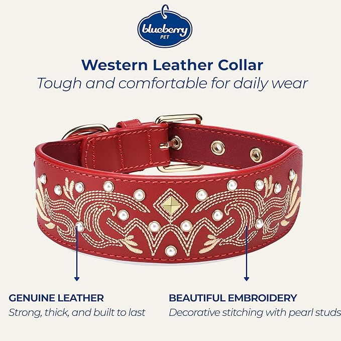Blueberry Pet Western Leather Dog Collar - Genuine Leather with Floral Embroidery & Pearl Studs Adjustable 15-18 Inch Neck for Medium Dogs, Comfortable and Stylish Pet Collar
