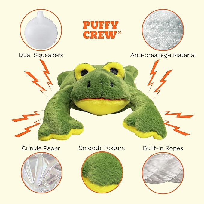 Squeaky Disk & Built-in Ropes Dog Plush Toy, Bustling Safari Collection, 15", for Dogs of All Breeds (Frog)