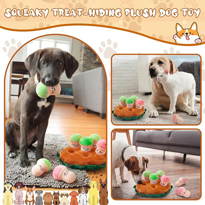Skylety 7 Pcs Interactive Mushroom Dog Toy Set Snuffle Toy with Treat Hiding Puzzle and Squeaky Plush, Durable Vegetable Dog Toys for Small Medium Dogs, Training and Boredom Relief Plaything