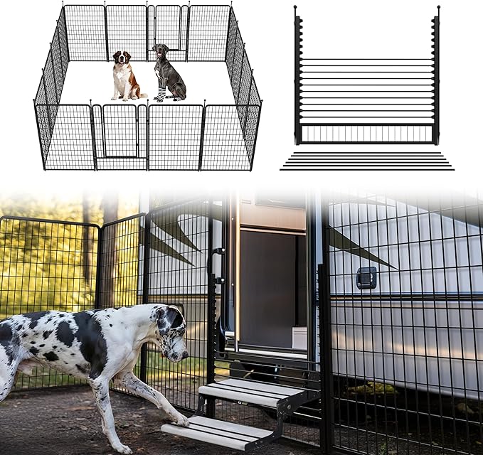 FXW Rollick Unleashed Dog Playpen for Indoor, Yard, RV Camping, 50 inch 16 Panels Dog Pen with RV Step Grid for Large Dogs, Black│Patented