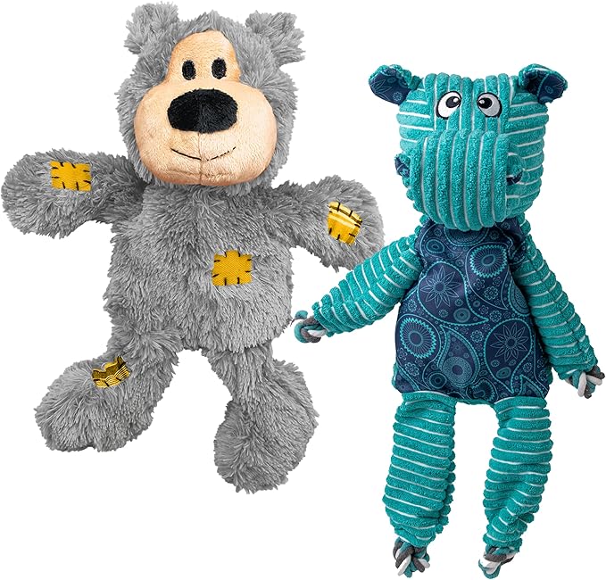 KONG XL 2 Pack - Soft Plush Dog Toy for Large Breeds - Durable, Cuddly & Squeaky - Perfect for Play & Comfort (Bear/Hippo)