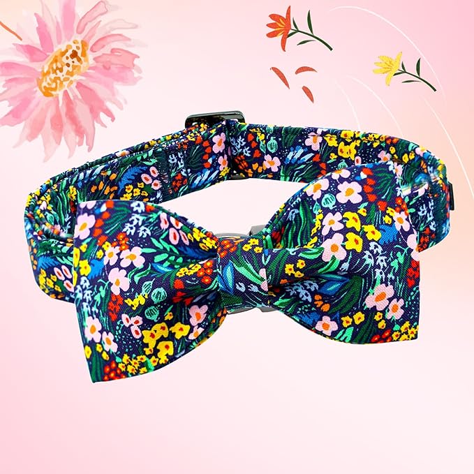 Lionheart glory Dog Collar Darkblue Flower Dog Bow Collar Floral with Bow Adjustable Soft Pet Collars Male or Female Spring Summer Collars for Small Dogs Puppy