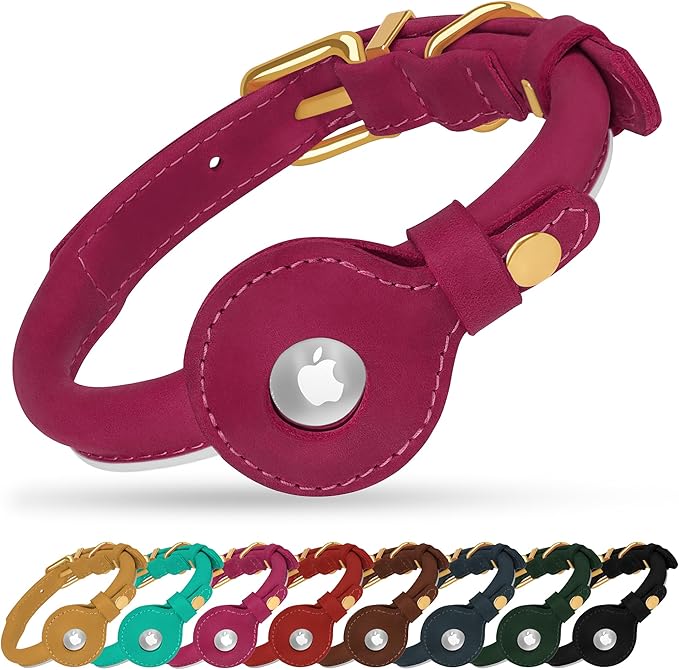 OOPSDOGGY Rolled Leather Dog Collar with Airtag Holder - Reflective Round Airtag Dog Collar - Soft Tracking Pet Collar for Small Dogs Puppy Cats Kitten (Pink, M, 12"-15")