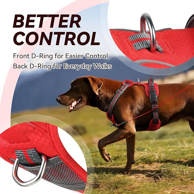 VIVAGLORY Dog Harness Easewalk No Pull Dog Harness with Handle Front Clip & Back Clip for Training Walking Lifting, No Pull Adjustable Easy On Padded Comfortable for Pet, XL, Red - Patterned