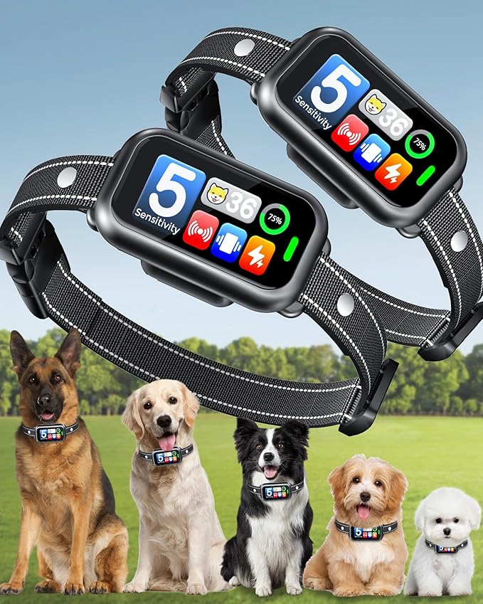 2 Pack Dog Bark Collar for Large Medium Small Dogs, 1s Fast Stop Barking Rechargeable Smart Bark Collar, Anti Barking Training Collar with 5 Adjustable Sensitivity Beep Vibration Shock