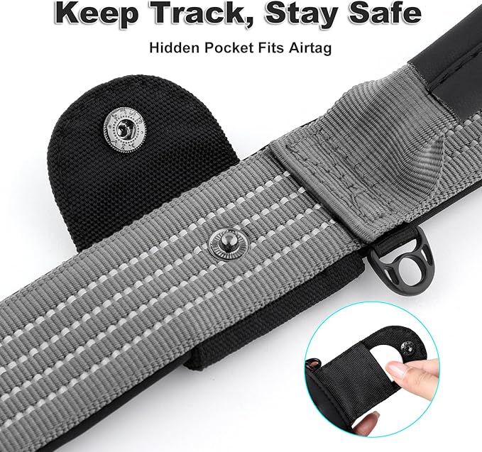 Plutus Pet Tactical Dog Collar with Tracker Pocket for AirTag, Adjustable Reflective Nylon Collar, Metal Buckle, Leather-Wrapped Handle, Soft Padded for Medium Large Dogs (Gray, M)