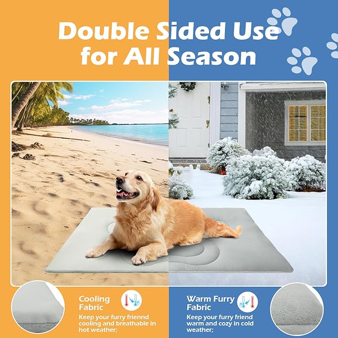 EXPAWLORER Reversible Dog Bed Mat Large (Cool & Warm) 47”x28” Pet Cooling & Plush Fleece Side for Winter, Thick Blanket Pad for Kennel Sofa Floor Crate Car Seat Machine Washable& Foldable All-Season