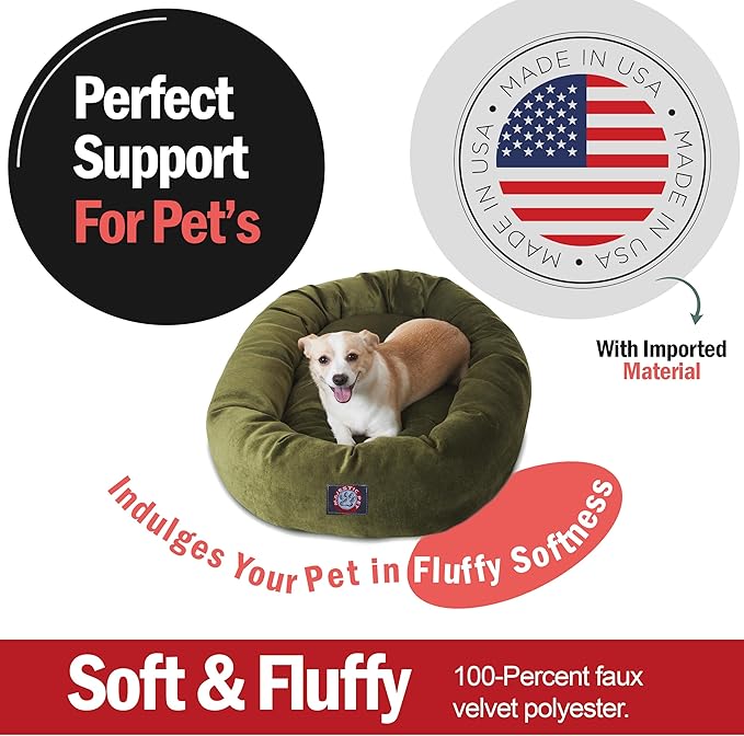 Majestic Pet 32 Inch Micro Velvet Calming Dog Bed Washable – Cozy Soft Round Dog Bed with Spine for Head Support - Fluffy Donut Puppy Mat 32x23x7 (inch) Medium – Fern
