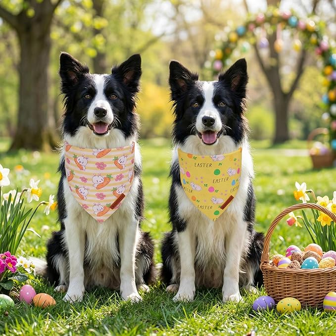 ADOGGYGO Easter Dog Bandana 2 Pack, Bunny Carrot Print Pet Scarf, Adjustable Fit Easter Bandanas for Medium Large Dogs (Large)
