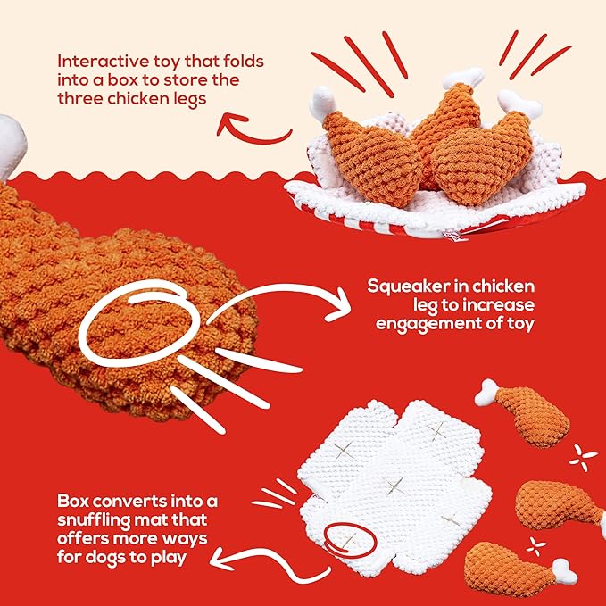 PAWTY Fried Chicken Interactive Dog Toy - Snuffle Nosework Puzzle with Squeaker - Pet Stress Relief Game - Hide Treat Food Puzzle - Medium Dog - Durable Cute Dog Gifts