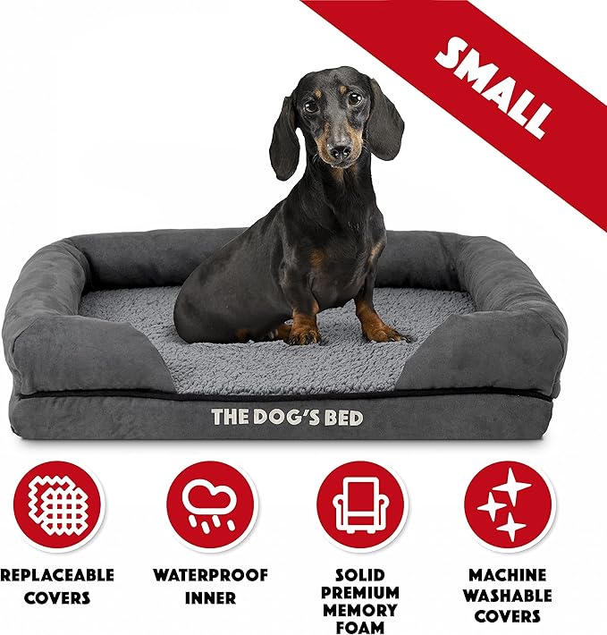 The Dog’s Bed Orthopedic Memory Foam Dog Bed with Bolsters, Plush Fabric, Grey Plush, Small