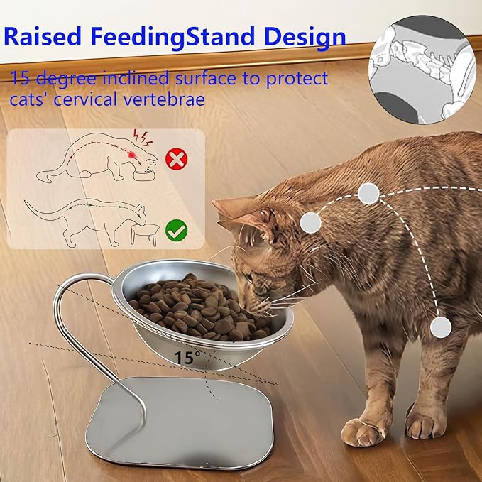 Elevated Cat Bowls,15 Degree Inclined Stainless Steel Cat Bowls,Detachable Metal Bracket,Protect The Cervical Spine,Prevent Vomiting,Ergonomic Design for Healthy Eating & Digestion
