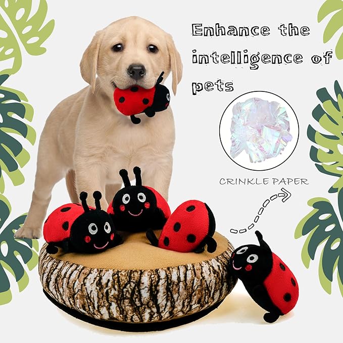 Dog Hide and Seek Toys Puppy Chew Squeaky Toys Plush Mushroom&Bamboo&Shell Hideout Stuffing with Squeakers Animals (Trunk Hideout with 4 Ladybirds)