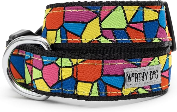THE WORTHY DOG Collar for Small Dogs, Adjusts 9-15 inches, Durable Nylon Webbing, Quick Release Buckle, Stained Glass Pattern, Multicolored, Small