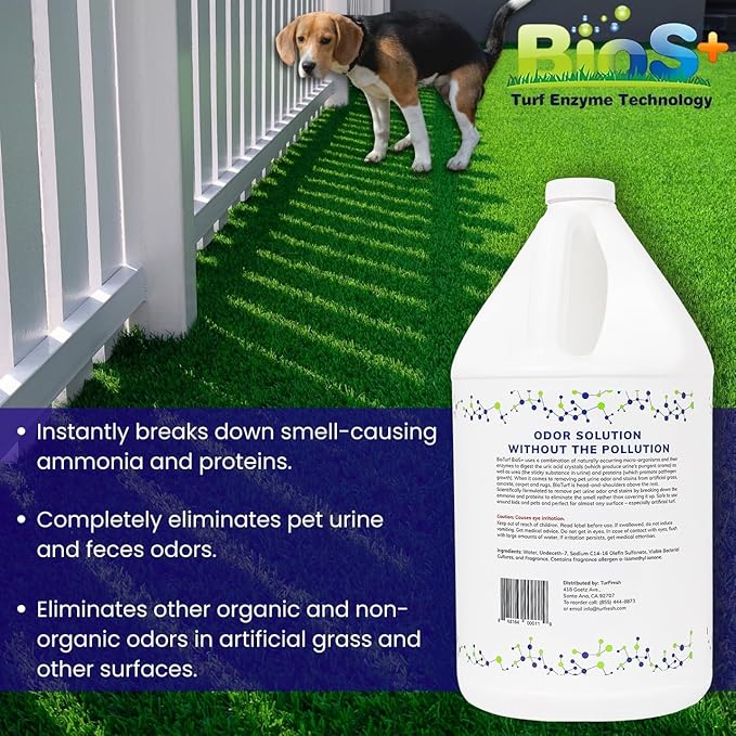 BioS+ Odor Eliminator Concentrate - Artificial Turf Cleaner for Dog Urine & Feces - Outdoor Yard Deodorizer Enzyme Odor Eliminator for Fake Grass, Patios, Kennels & Gravel - 1 Gallon