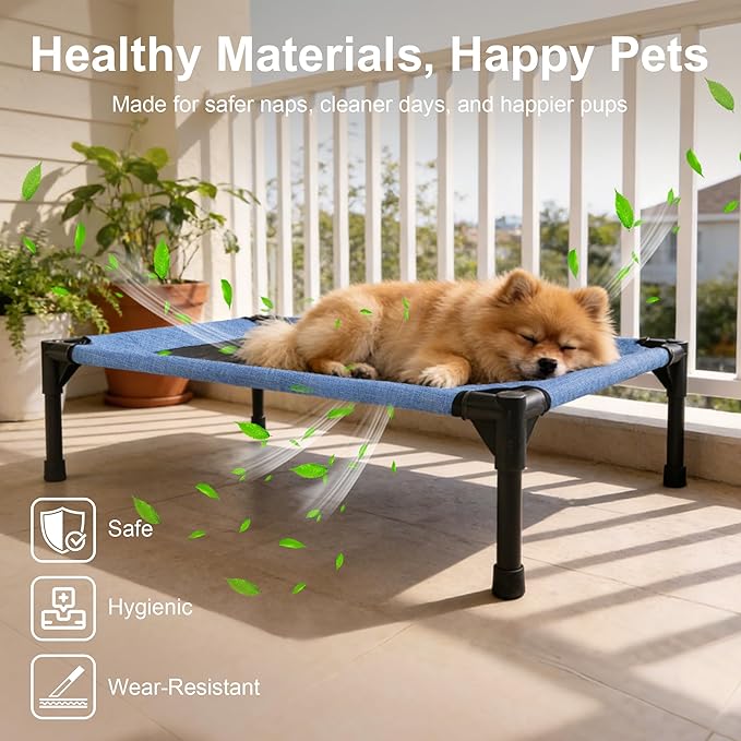 Elevated Outdoor Dog Bed, Raised Pet Cot for Medium and Large Dogs, Cooling Breathable Mesh, Durable Sturdy Frame, Washable Cover, Portable and Easy to Assemble Indoor/Outdoor Pet Bed, Blue, S