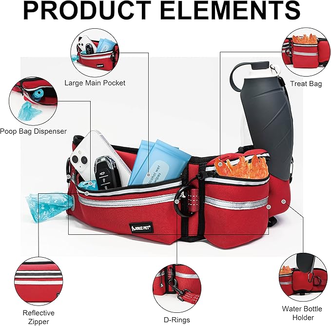 Kruz Hands Free Dog Leash (Waist 26”- 48”, Leash- 1”x 5ft) Premium Waist Belt for Walking, Running, & Hiking, Bungee with Dual Handles, Adjustable Fit, Reflective Safety Design for Large Dogs (Red)