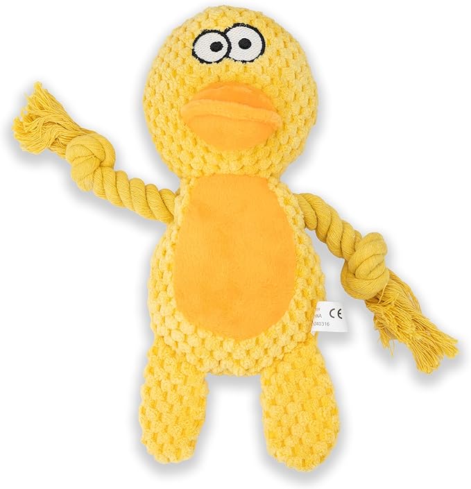 Dog Toy Squeaky Chewing Rope Stuffed Plush Animal with Crinkle Paper Interactive Soft Aggressive S-M-L Pets Gift Holiday Yellow Duck
