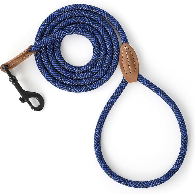 Mile High Life Small Dog Leash, Thin Rope Leash with Genuine Leather Connection and Heavy Duty Metal Clasp, Great for Small Medium Dogs(Blue,72 Inch-1/3)