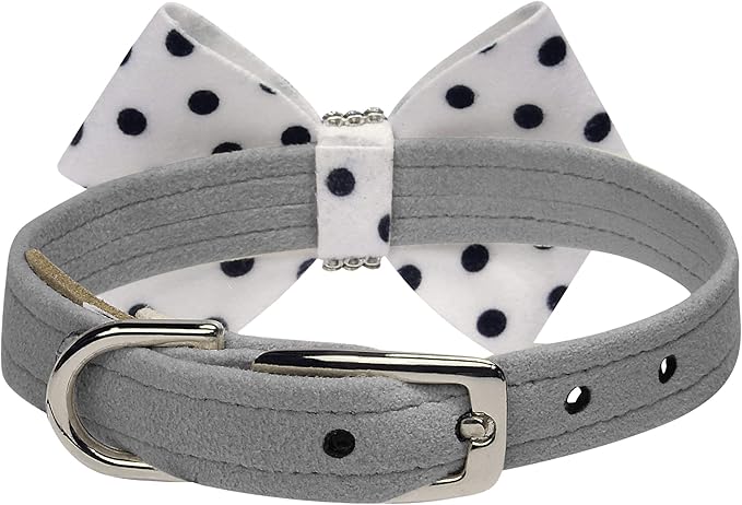 Susan Lanci Designs Ultrasuede Premium Dog Collar with Nouveau Bow, Platinum, X-Large