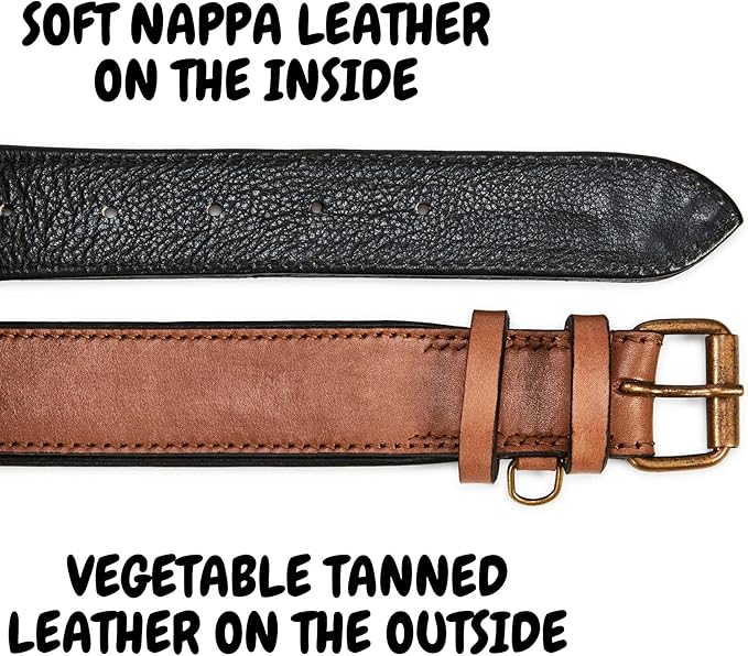 Real Leather Dog Collar Padded Soft Interiors with Premium Vintage Look Handcrafted Heavy Duty with Tag Ring for Small Medium and Large Pets (Large (1.5" Wide for 16.5" - 20.5" Neck), Cognac)