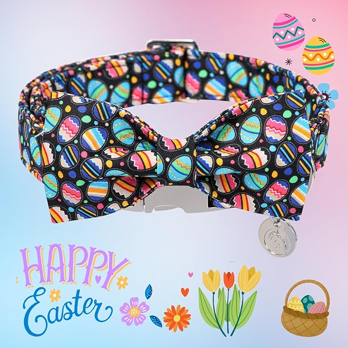 DOGWONG Easter Day Dog Collar-Cute Black Easter Dog Collar with Bow, Cotton Eggs Dog Collars with Metal Buckle for Small Medium Large Dogs