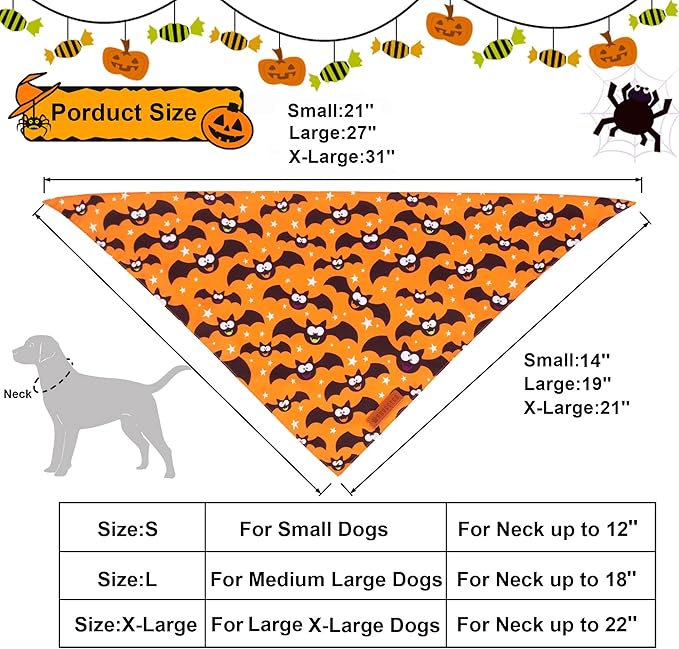 ADOGGYGO Halloween Dog Bandana, Pumpkin Bat Pet Scarf, Premium Durable Fabric, Adjustable Fit Halloween Bandanas for Large and Extra Large Dogs Pets (X-Large)