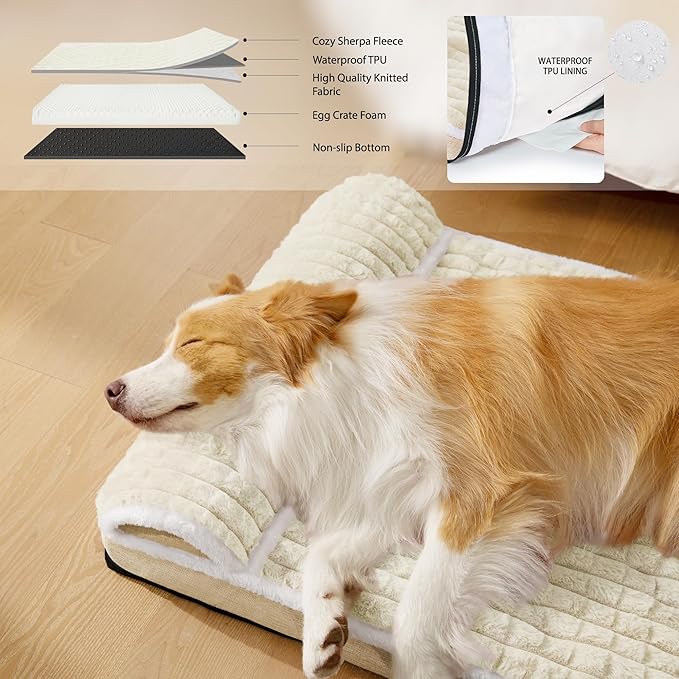 Orthopedic XL Dog Bed Large Sized Dog with Pillow 48''X30'', Waterproof Soft Comfortable Egg Crate Foam Pet Crate Beds Mat with Removable Washable Cover and Non-Slip Bottom, Cream