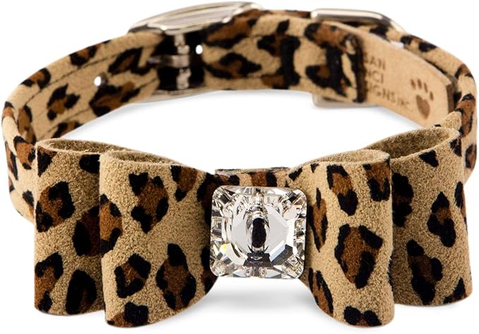 Susan Lanci Designs Ultrasuede Premium Dog Collar with Big Bow, Cheetah, X-Large