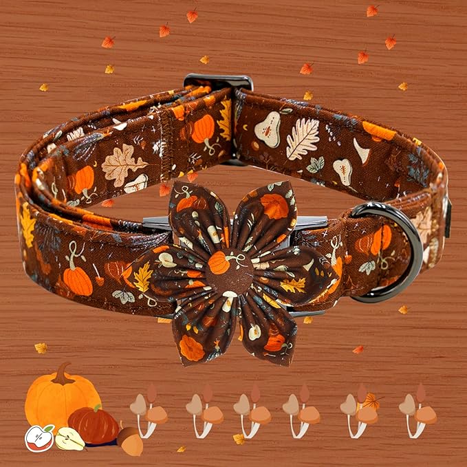Elegant little tail Fall Dog Collar, Halloween Pet Collars with Bow Cute Pumpkin Print Puppy Collar Female or Male Cotton Adjustable Collars for Small Medium Large Dogs