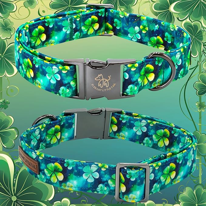 Elegant little tail St Patrick's Dog Collar, Green Cute Colver Cotton Shamrock Pet Collar Trefoil Puppy Collar Bow Holiday Adjustable Cotton Pet Collar for Small Medium Large Dogs