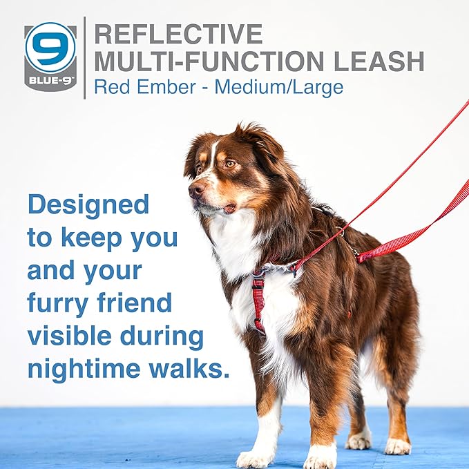 Blue-9 Reflective Multi-Function Dog Leash, Double Attachment Adjustable Lead for Obedience Training and Running, 6 Feet, Made in The USA, Medium/Large, Red